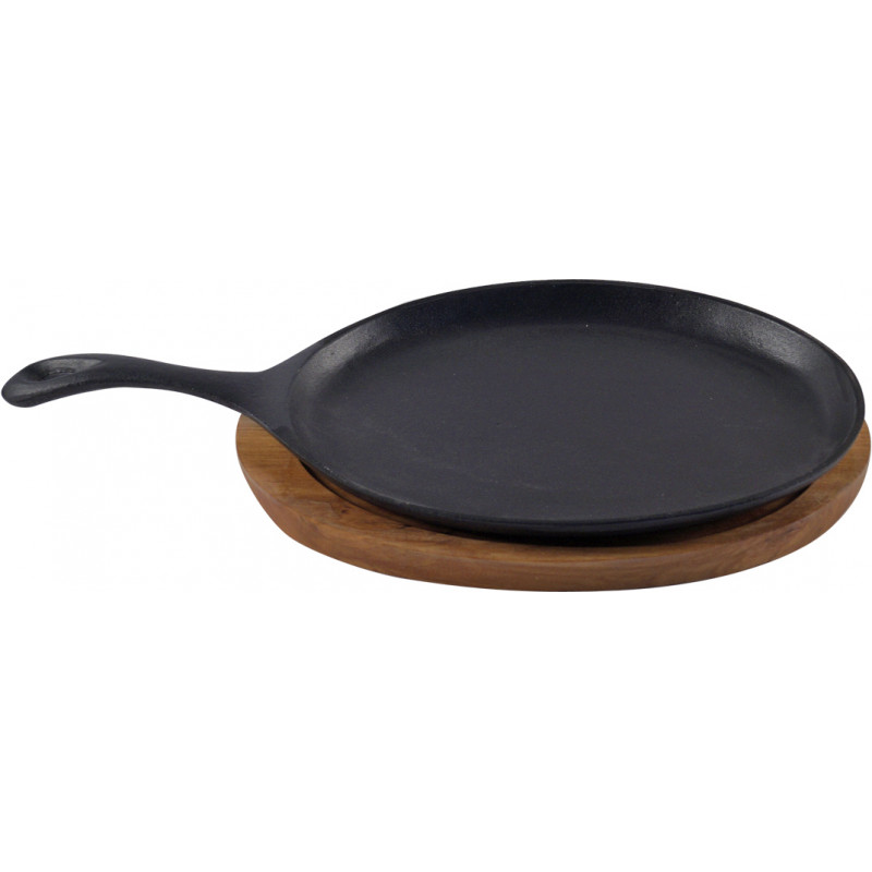 PLATO STEAK 38X18CM FIERRO FUNDIDO NEGRO C/BASE MADERA NEGRO