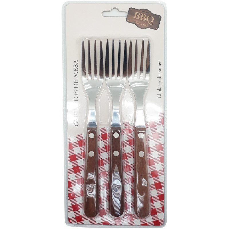 Tenedor Mesa Bbq Inox/Mango Madera Castaño 3Pzs