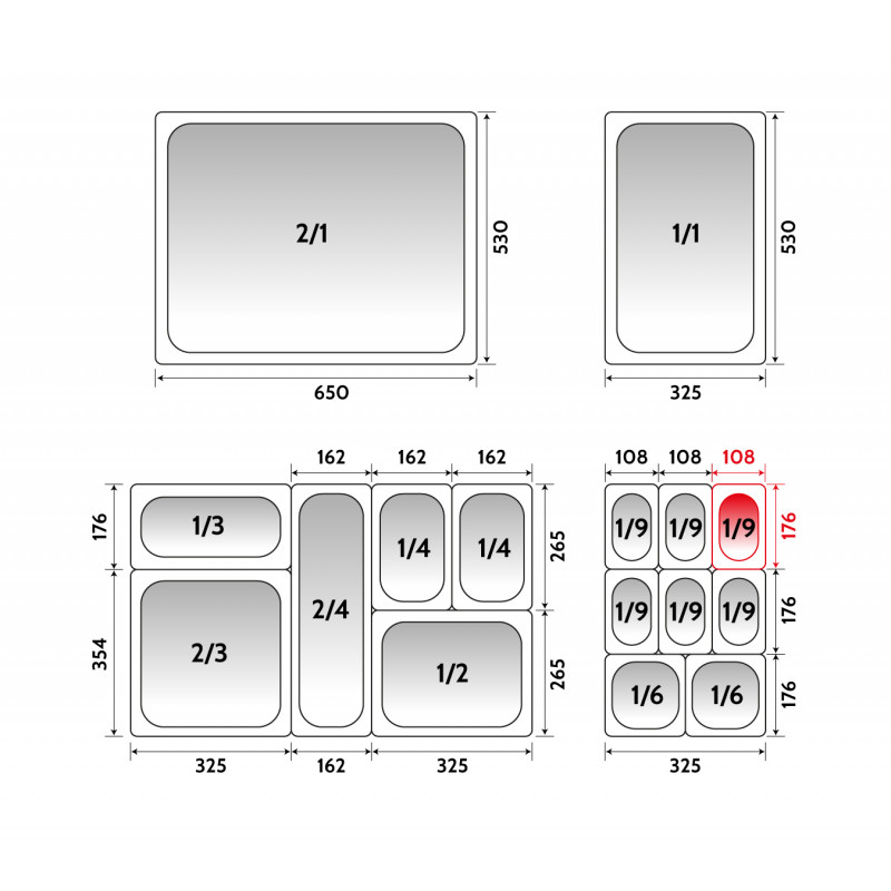 Depósito gastronorm 1/9 6.5cm acero inoxidable 0.6mm Big Chef