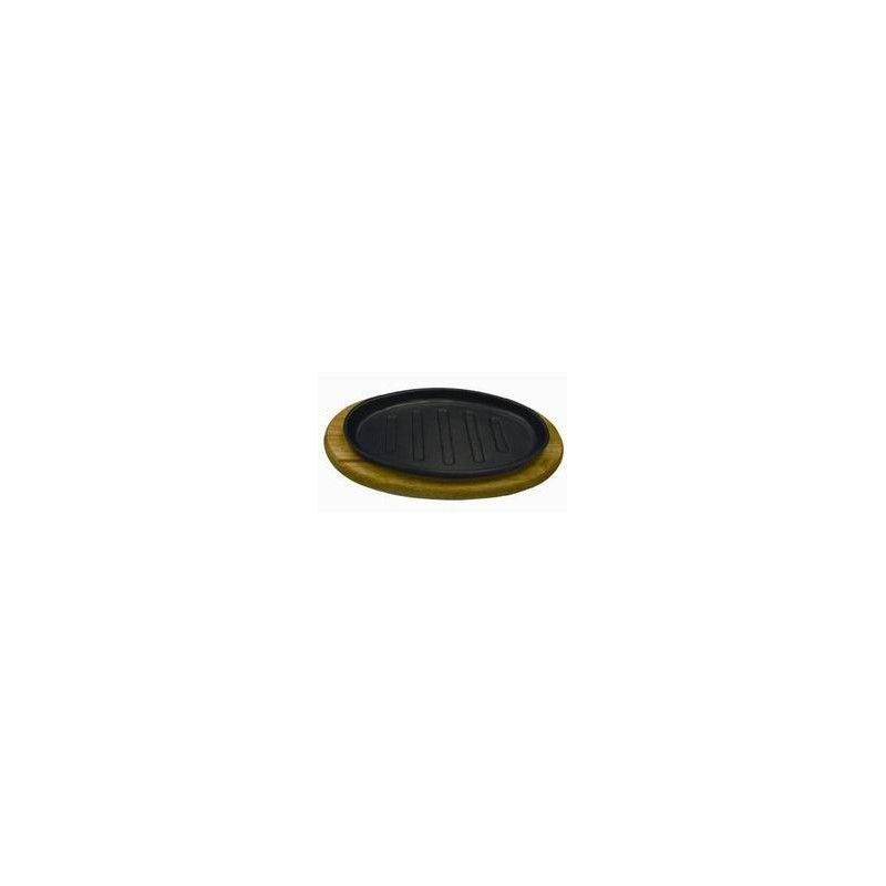 Plato Steak Fierro Fundido Negro Con Base Madera 24X18 cm