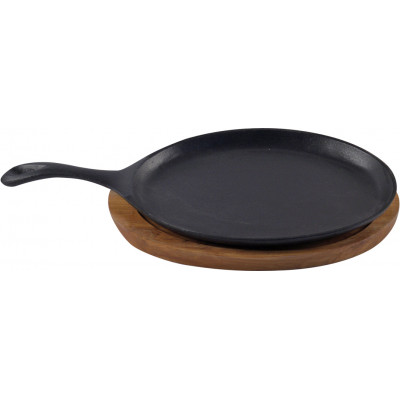 PLATO STEAK 38X18CM FIERRO FUNDIDO NEGRO C/BASE MADERA NEGRO
