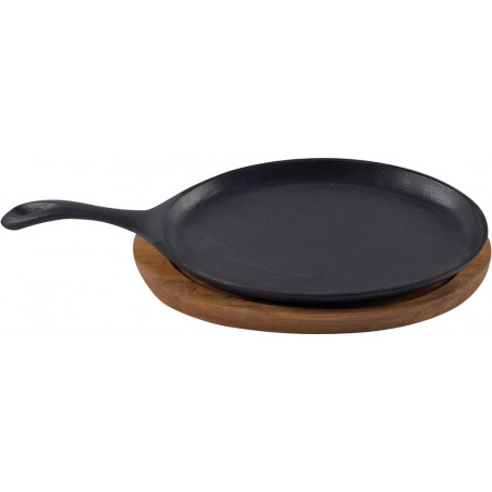 PLATO STEAK 38X18CM FIERRO FUNDIDO NEGRO C/BASE MADERA NEGRO