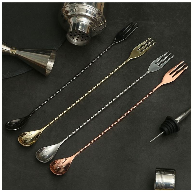 Cuchara de Cocteleria Acero Negro 33Cm con Tenedor Barkeeper